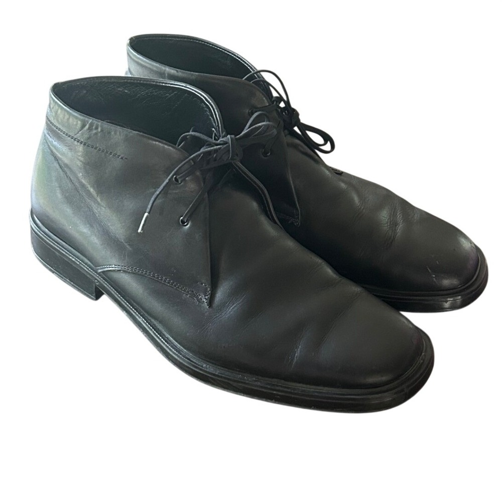 Salvatore Ferragamo Black Leather Chukka Boots 9 2E Wide Square Toe Designer